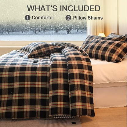 100% Cotton Comforter Set King Size – Reversible Yarn-Dyed Checkered Design, Soft Washed Cotton on Both Sides, Lightweight All-Season Bedding, Machine Washable(Black Red Plaid, 104”x90”)