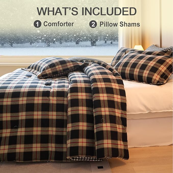 100% Cotton Comforter Set Queen Size – Reversible Yarn-Dyed Checkered Design, Soft Washed Cotton on Both Sides, Lightweight All-Season Bedding, Machine Washable(Black Red Plaid, 90”x90”)