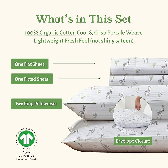 California Design Den Printed Sheets King Size Set - 100% Organic Cotton, Soft and Crisp Percale, Durable Deep Pocket King Sheets & Pillowcase Set - Llama