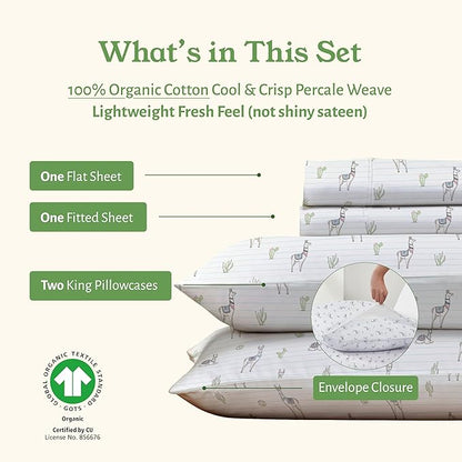 California Design Den Printed Sheets King Size Set - 100% Organic Cotton, Soft and Crisp Percale, Durable Deep Pocket King Sheets & Pillowcase Set - Llama