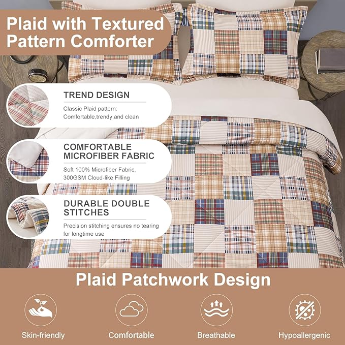Comforter Set Queen Size Plaid Patchwork Comforter Bedding-7 Piece Bed in a Bag,Soft Fluffy Reversible Microfiber Bedding Set(1 Comforter,1 Flat Sheet,1 Fitted Sheet,2 Pillowcases,2 Pillow Shams)Beige