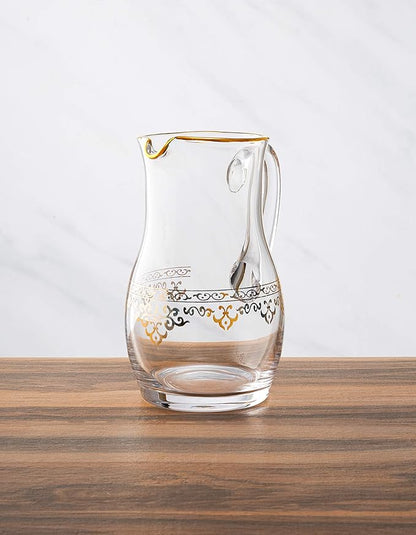 Glass Water Pitcher with Rich Gold Design on Outer- Fills 64 oz.- 9"H x 4.5"D
