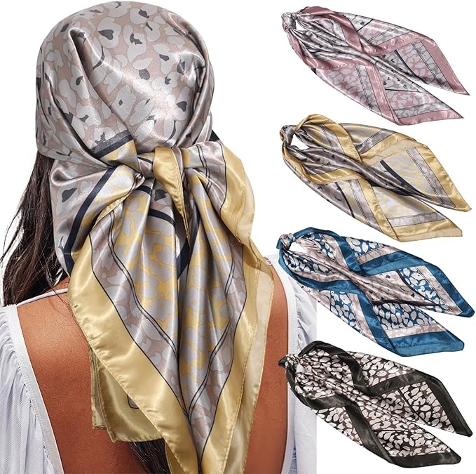 AWAYTR 35” Satin Large Square Head Scarves - 4PCS Silk Like Neck Scarf Hair Sleeping Wraps Satin Silk Scarfs for Women
