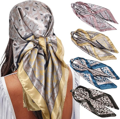 AWAYTR 35” Satin Large Square Head Scarves - 4PCS Silk Like Neck Scarf Hair Sleeping Wraps Satin Silk Scarfs for Women
