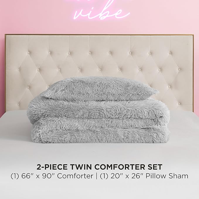 Juicy Couture Shaggy Faux Fur Grey Twin/Twin XL Comforter Set - Soft and Cozy 2-Piece Machine Washable Bedding Comforter and Sham Set