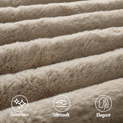 Madison Park Jasmine Queen Comforter Set, Luxurious Reversible Faux Fur Plush Ribbed Velvet Bedding, Fuzzy Thick Warm Winter Comforter, Super Soft Fluffy 3-Piece Set Taupe