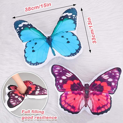 Juexica 2 Pcs 3D Butterfly Pillow Decorative Butterfly Stuffed Animal Throw Pillow Plush Gifts for Women Decorations for Fireplace Mantel Bedroom Couch Seat Cushion Garden, 15x13 Inch(Violet, Blue)