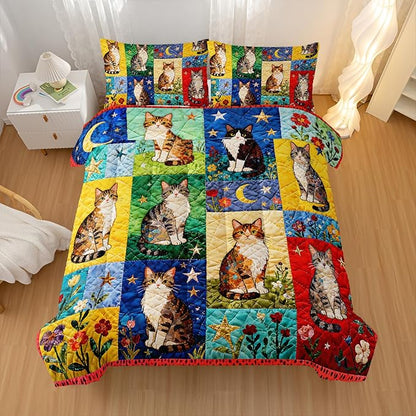 Cartoon Cat Comforter Set Twin Size 3PCS,Cat Puzzle Bedding Set for Teen Adult,Floral Cat Animal Themed Room Decor Ultra-Soft Lightweight Microfiber with 2 Pillowcases