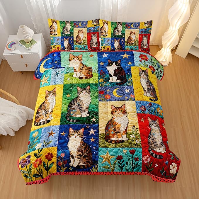 Cartoon Cat Comforter Set King Size 3PCS,Cat Puzzle Bedding Set for Teen Adult,Floral Cat Animal Themed Room Decor Ultra-Soft Lightweight Microfiber with 2 Pillowcases