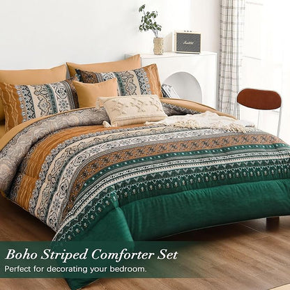 Cottolester Boho Comforter Set Queen Size,8 Pieces Brown and Green Bohemian Striped Bed in a Bag,Paisley Soft Microfiber Bedding Comforter Set