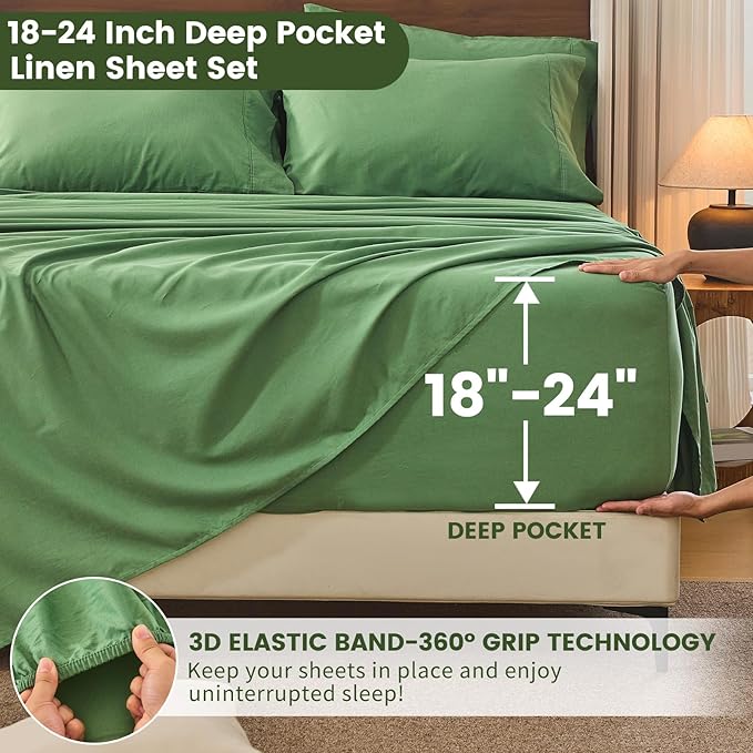 Bedlifes 100% French Flax Linen Sheets Set King Size - 6 Piece Extra Deep Pocket 18-24",Soft Breathable King Bed Sheets with Temperature Regulating & Moisture-Wicking(Sage Green