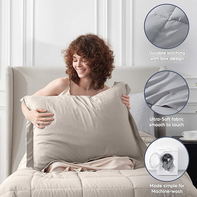 Nestl 5 Piece Twin XL Comforter Set – Beige Reversible Bed in a Bag – Complete Twin XL Size Bedding Set with Sheets, Pillowcase and Sham