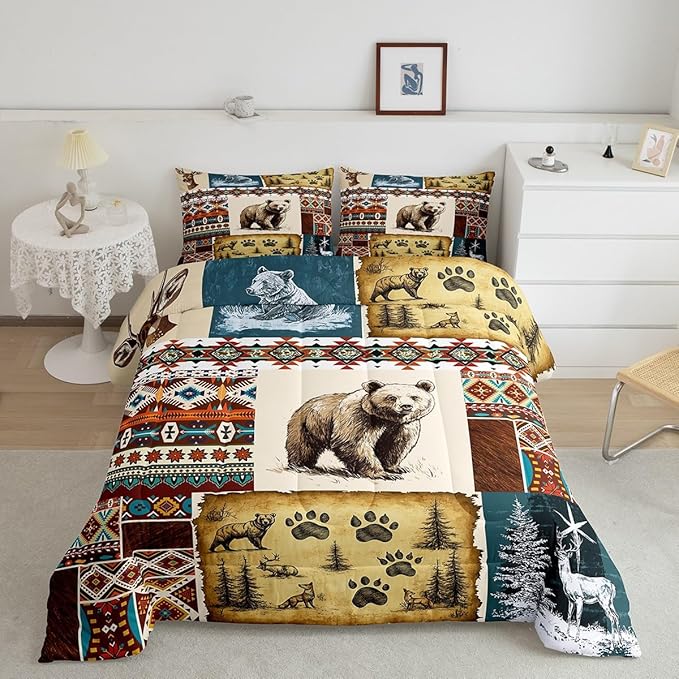 Rustic Cabin Comforter Set Boho Aztec Quilt,Woodland Animals Bear Moose Elk Deer Bedding Sets King,Tribal Geometric Diamond Duvet Insert Vintage Country Cottage Farmhouse Decor