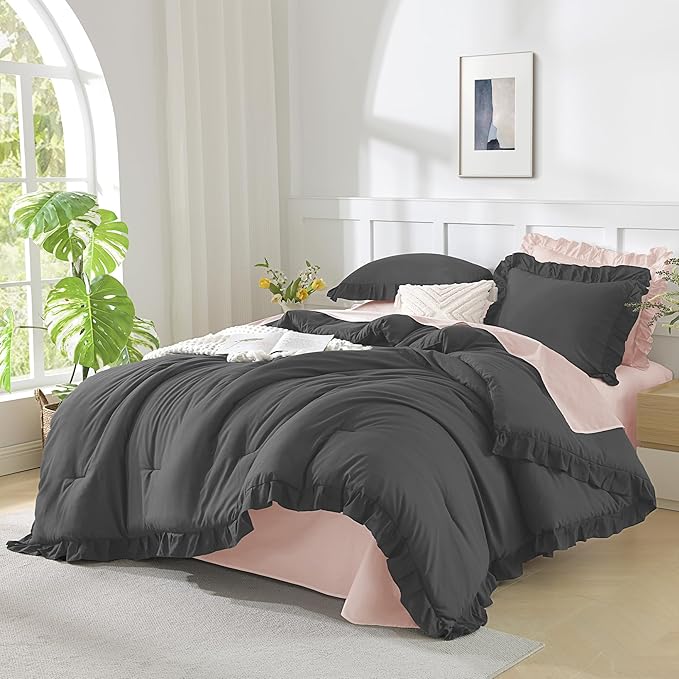 Andency Oversized King Comforter Set 128x120, 3 Pieces Dark Gray Ruffle Shabby Chic Famhouse Bedding Set for Women, Lightweight Fluffy Super King Plus Bed Set for Girls