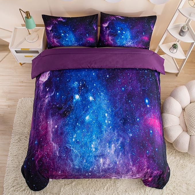 MWMWMW Galaxy Comforter Set Queen, Purple Queen Comforter Set, Kids Bedding Set for Girls, 3 Pieces Purple Galaxy Beddingt Sets with 2 Matching Pillowcases