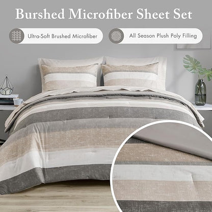 Madison Park Essentials King Comforter Set, Bed in A Bag Comforter & Sheet Set, Modern Casual Stripes Print, All Seasons, Soft Microfiber Bedding Makeover, Matching Shams, Cal King Taupe/Grey 7 Piece