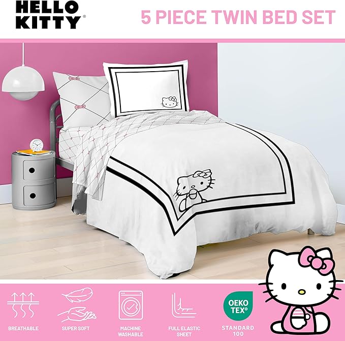 Jay Franco Comforter Set Includes Sheets and Pillow Covers - Soft and Cozy Bed Set for Stylish Room Decor, White - Hello Kity 5 Piece Twin Size Bedding