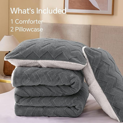 BEDELITE Fluffy Full Size Comforter Set - Super Soft Sherpa Grey Comforter for Full Size Bed, Luxury Warm Bedding Set for Winter, Fuzzy Bed Set 3 Pieces (1 Comforter, 2 Pillowcases)