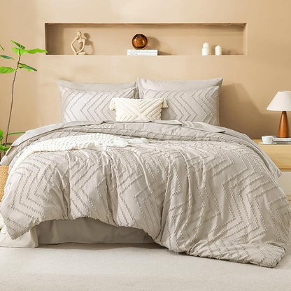 Litanika Comforter Full Size Set with Sheets Beige - 7 Pieces Bed in a Bag Full Chevron Tufted Complete Bedding Sets with Comforter, Sheets, Pillowcases & Shams