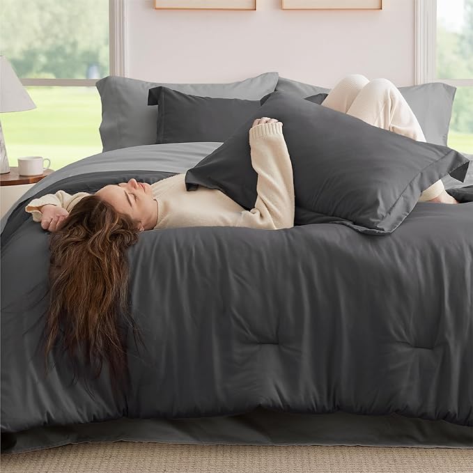 Bedsure Full Comforter Set - 7 Pieces Dark Grey Full Bedding Set for All Seasons, Boho Contrasting Design Bed in a Bag with Comforter, Sheets, Pillowcases & Shams