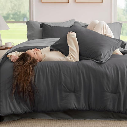 Bedsure King Size Comforter Set - 7 Pieces Dark Grey King Bedding Set for All Seasons, Boho Contrasting Design Bed in a Bag with Comforter, Sheets, Pillowcases & Shams