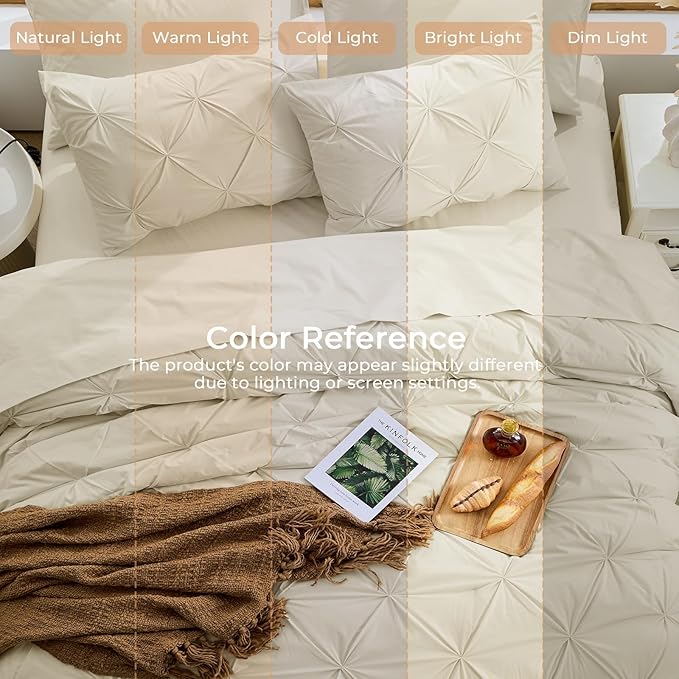 Sasttie King Size Comforter Set, 7-Piece Bed in a Bag, Pintuck Bedding Set for All Season, Includes Comforter, Flat Sheet, Fitted Sheet, Pillowcases and Pillowshams, Linen