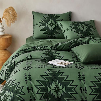 Wake In Cloud - Western Comforter Set, Boho Southwestern Rustic Farmhouse Style with Aztec Geometric Block Pattern, Soft Lightweight Bedding, 3 Pieces, Dark Olive Green, Queen Size