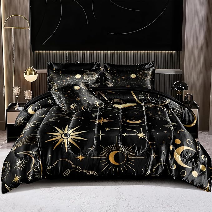 Sun and Moon Comforter Set Gray Satin Bedding Queen Stars Cloud Galaxy Comforter Mysterious Celestial Theme Silk Like Silky Bed in A Bag with Comforter and Sheets