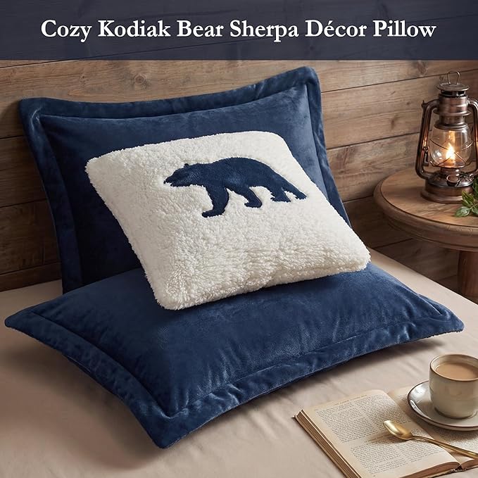 Woolrich Reversible Comforter Set Ultra Soft Plush to Sherpa, Down Alternative, Cold Weather Winter Warm Bedding, with Matching Sham, Decorative Pillow Navy/Ivory King 4 Piece