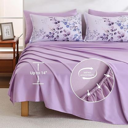 Xruibed Purple Comforter Set Queen Size 7 Pieces Bed in a Bag, Botanical Floral Print Bed Sets, Elegant Flower Comforter with Sheet Set, Soft Microfiber Bedding Set for All Season (Purple, 90"x90")