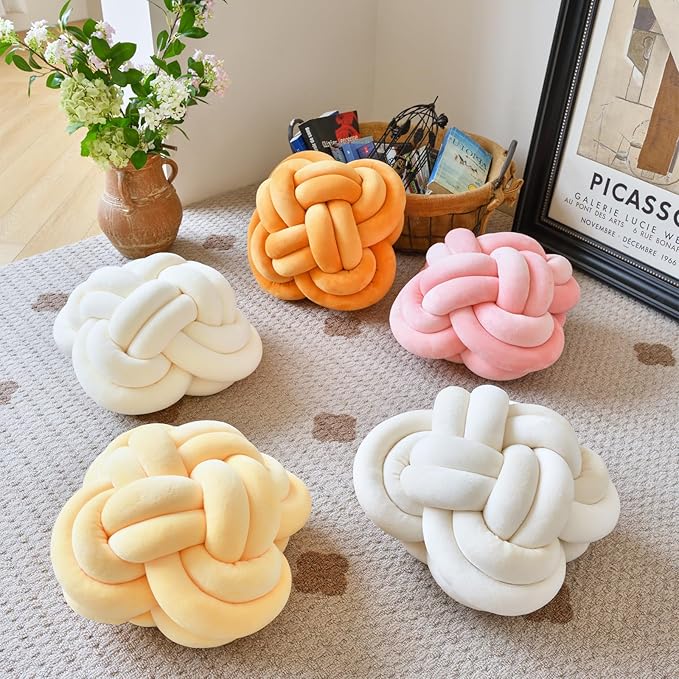 Xuyier Knot Pillow Ball, Decorative Throw Pillows with Velvet Fabric for Couch Bed, 12" Decor Knotted Square Floor Pillow Cushions for Living Room (12 Inches, Coral Pink)