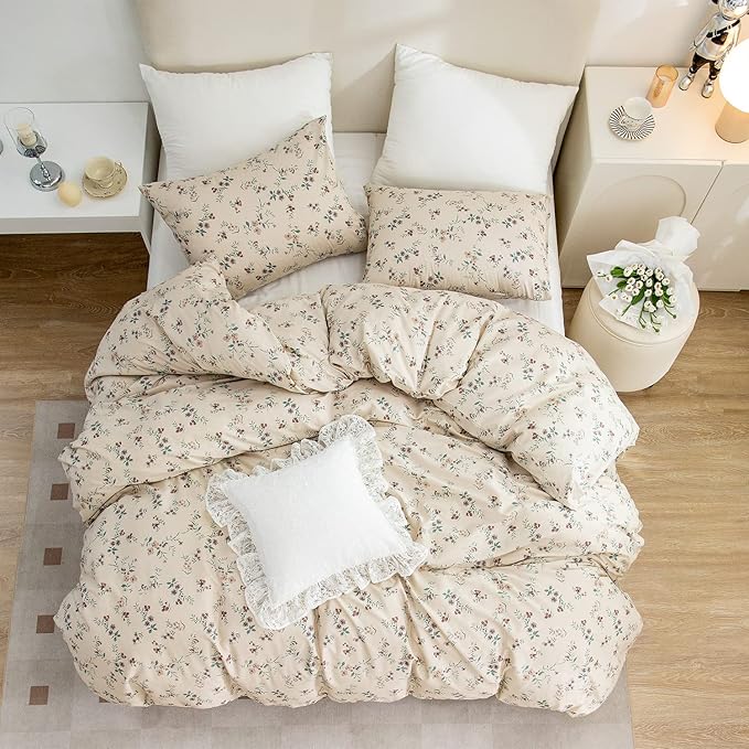 Floral Comforter Queen Set 3 Pieces Soft Cute Vintage Floral Bedding Lightweight Garden Style Botanical Comforter Set for All Seasons 1 Comforter and 2 Pillowcases