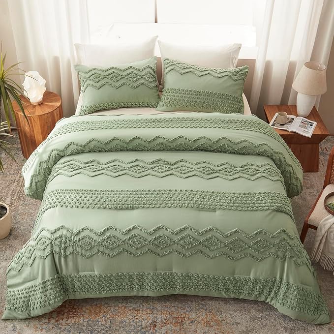 Luxudecor Sage Green Tufted Comforter Set King Size 3 Pieces Boho Shabby Chic Comforter Farmhouse Embroidery Bedding Set Soft Comforter for All Seasons (Sage Green, 104''x90'')