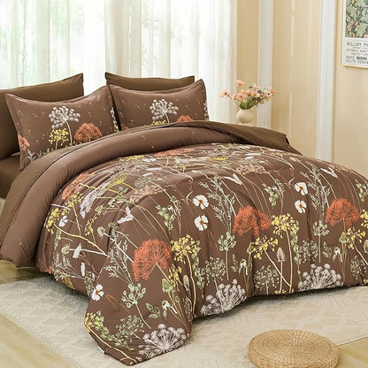 Yiran Brown Comforter Set King Size, 7 Piece Floral Dandelion Comforter Bedding Set, Botanical Bed in a Bag King, Soft Microfiber Complete Bedding Set with Sheets for All Season
