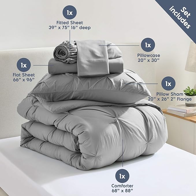 Nestl Twin Comforter Set 5 Piece - Pintuck Twin Bedding Sets Grey, College Dorm Room Essentials for Girls and Boys Bed in a Bag Twin All Season, Twin Comforter Set with Sheets, Pillowcase and Sham