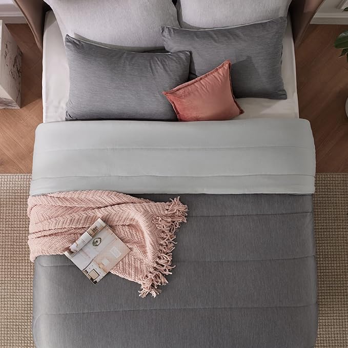 Bedsure Queen Comforter Set - Cooling and Warm Bed Set, Light Grey Reversible Bedding for All Season, 3 Pieces, 1 Queen Size Comforter (88"x88") and 2 Pillow Cases(20"x26")