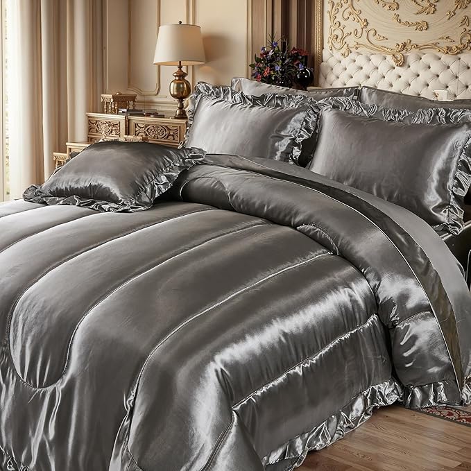 Grey Comforter Set with Satin Sheet Set Full 8 Pieces Silk Like Satin Bedding Set Luxury Silky Ruffle Pattern Home Deocr Sexy Hotel Silky Bed Set with 1 Cushion Cover