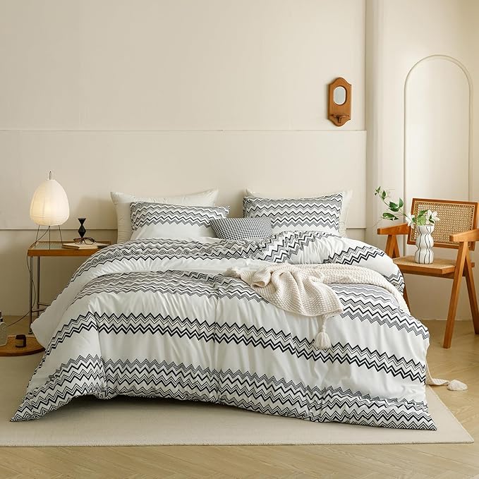 Cottonight Black Striped Comforter Set King Aztec Boho White Black Bedding Comforter Set King Modern Rustic Blanket Quilts Farmhouse Tribal Soft Breathable Comforter Set Women Men