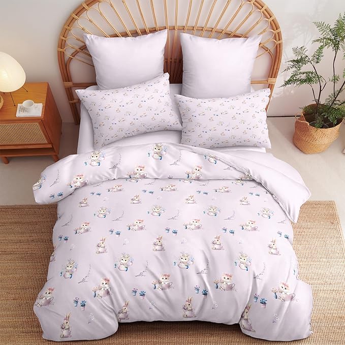 Taro Purple Comforter Set Twin for Girls, 5Pcs Botanical Floral Bedding for Kids Kawaii Bedroom Decor, Cute Priness Girly Cat Kitten Comforter Set with 1 Pillowcase, 68"x86"