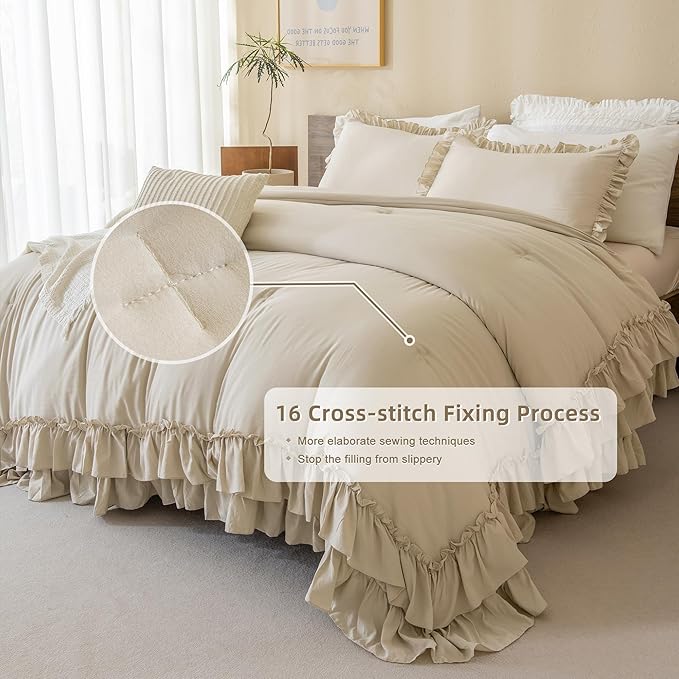 QSH Wheat Comforter King Size for Bed, Shabby Ruffle Chic Bedding Comforter Set, 3 Pices Farmhouse Vintage Bedding Sets, All Season Ultra Soft Lightweight Microfiber Fluffy Comforter