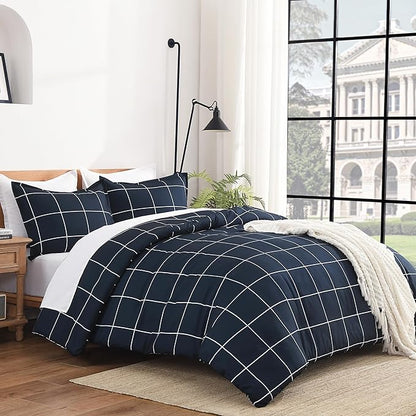 Andency Navy Plaid Comforter Twin(66x90Inch), Dark Blue Grid Gingham Buffalo Plaid Bed Set for Boys Kids Teens, 2 Pieces Lightweight Microfiber Geometric Preppy Bedding