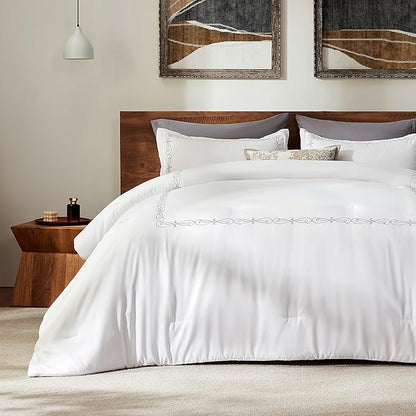 SLEEP ZONE Fall King Comforter Set, Luxury Hotel Collection Comforter, 3 Pieces Fluffy Lightweight Down Alternative Duvet Insert with Embroidered Stripes (Elegant Scroll, King)