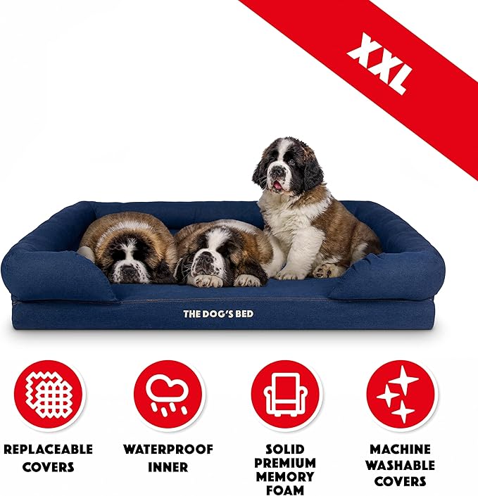The Dog’s Bed Orthopedic Memory Foam Dog Bed with Bolsters, Oxford Fabric, Blue Denim, XXL