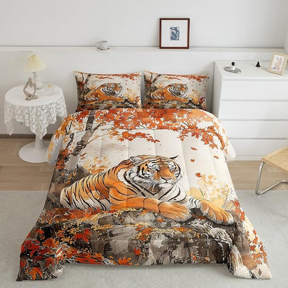 Jungle Tiger Comforter Queen,Autumn Maple Tree Traditional Chinese Painting Quilt Comforter with 2 Pillowcases,Wildlife Black Orange Stripes Bedding Set Comfortable,Soft and Breathable