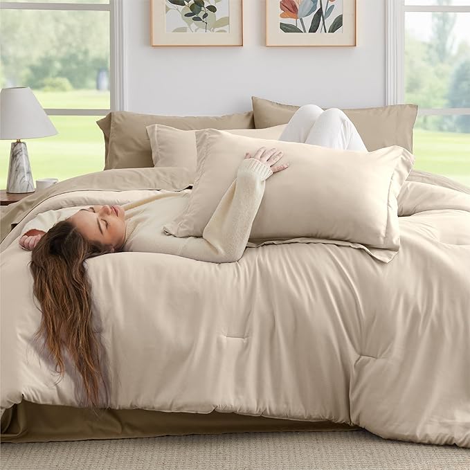 Bedsure Full Comforter Set - 7 Pieces Light Beige Full Bedding Set for All Seasons, Boho Contrasting Design Bed in a Bag with Comforter, Sheets, Pillowcases & Shams