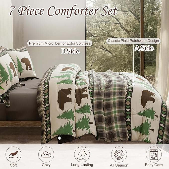 Comforter Set Queen Size Rustic Bear Comforter Bedding-7 Piece Bed in a Bag, Soft Fluffy Reversible Microfiber Bedding Set(1 Comforter,1 Flat Sheet,1 Fitted Sheet,2 Pillowcases,2 Pillow Shams),Green