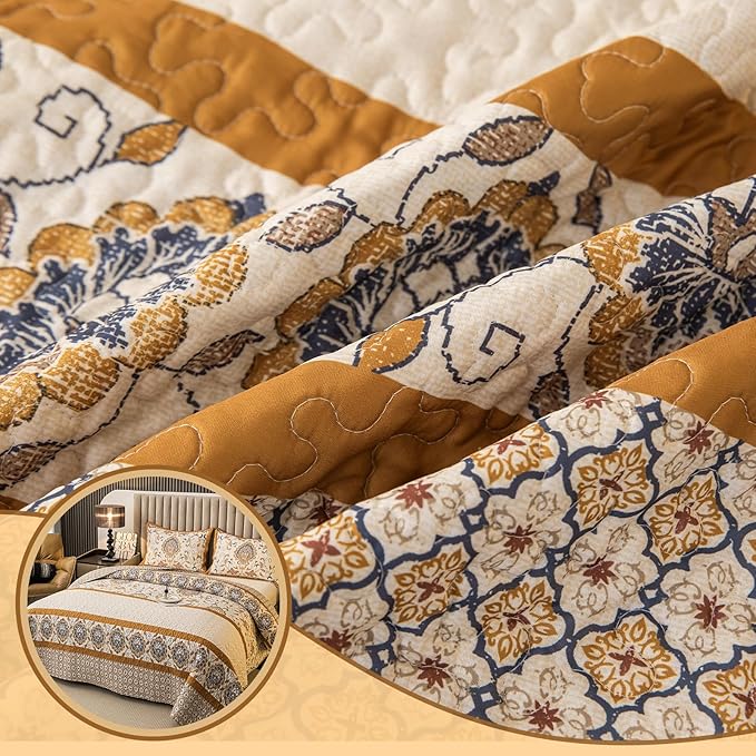 Bohemian King Size Quilt Comforter Bedding Set -3 Pieces Red Quilts (1 Quilt, 2 Pillow Shams) Bedding Set, All Season Lightweight Bedspreads Sleep Companion(Yellow)