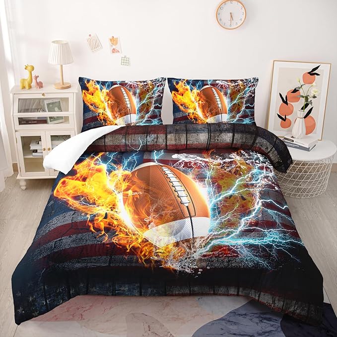 Football Comforter Sets Twin Size, Bedding Sets for Kids,US Flag and Fire Football Comforter Sets All Season 1 Comforter and 2 Pillowcases