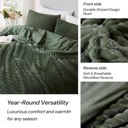 Geniospin Fleece King Size Comforter Set, Soft Fuzzy Fleece King Bedding Set, 3-Pieces Olive Green Comforter Set for All Season, Warm Fluffy Comforter with 2 Pillow Cases