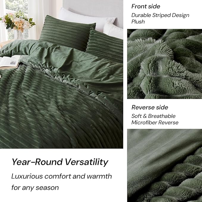 Geniospin Queen Comforter Set Olive Green, Ultra-Soft Microplush Fleece Queen Bedding Sets, Reversible 3-Piece Comforter Set for All Season, Warm & Cozy (Olive Green, 90''x90'')